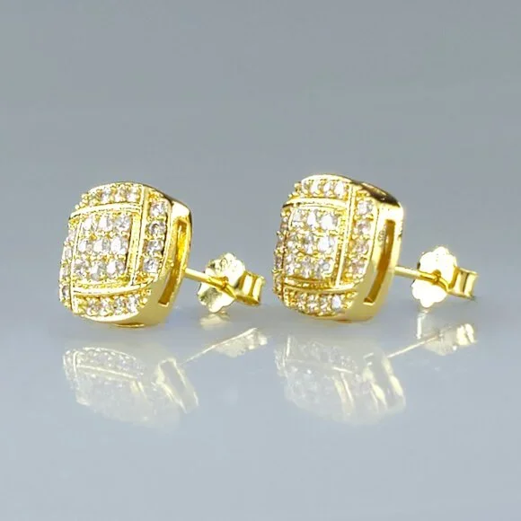 18K Gold Mens 2ct Diamond Square Stud Earrings Guys 18 Karat Silver New Jewelry